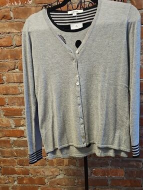 Casual Sweater Set Light Gray Button-Down Cardigan with Striped Cuff Detail NWT